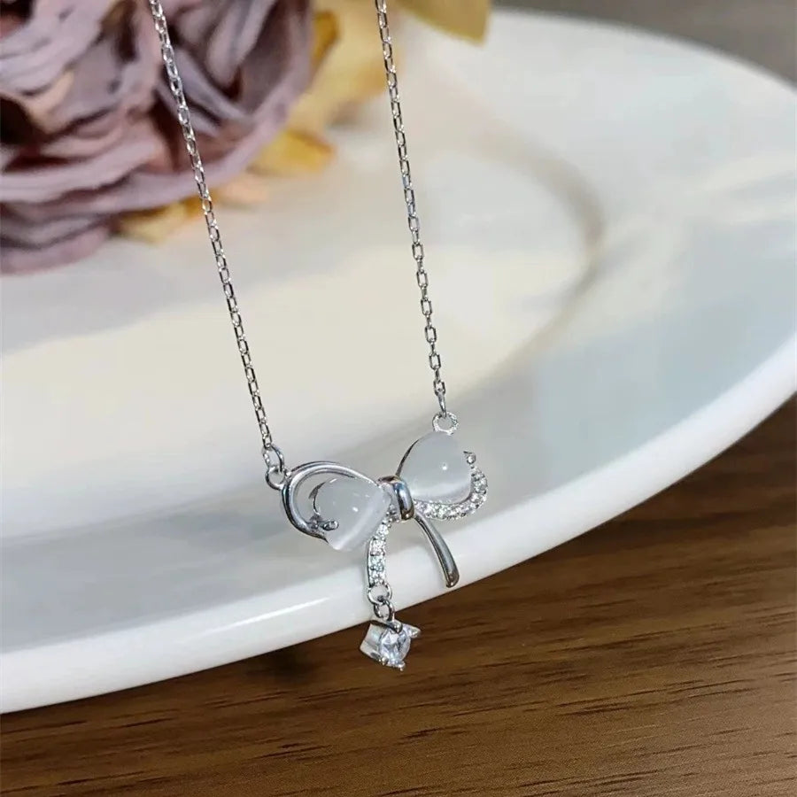 Sterling Silver Sweet Bow Knot Inlay Zircon Pendant Necklace