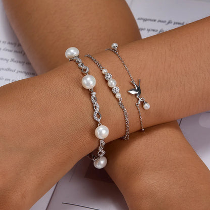 Sterling Silver White Gold Plated Elegant Glam Plating Inlay Solid Color Pearl Zircon Bracelets