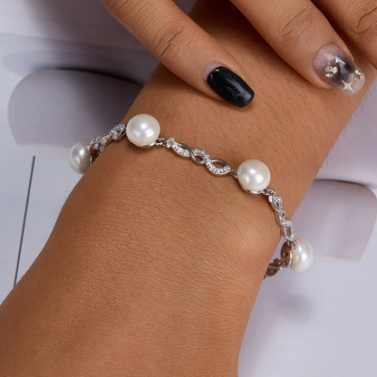 Sterling Silver White Gold Plated Elegant Glam Plating Inlay Solid Color Pearl Zircon Bracelets