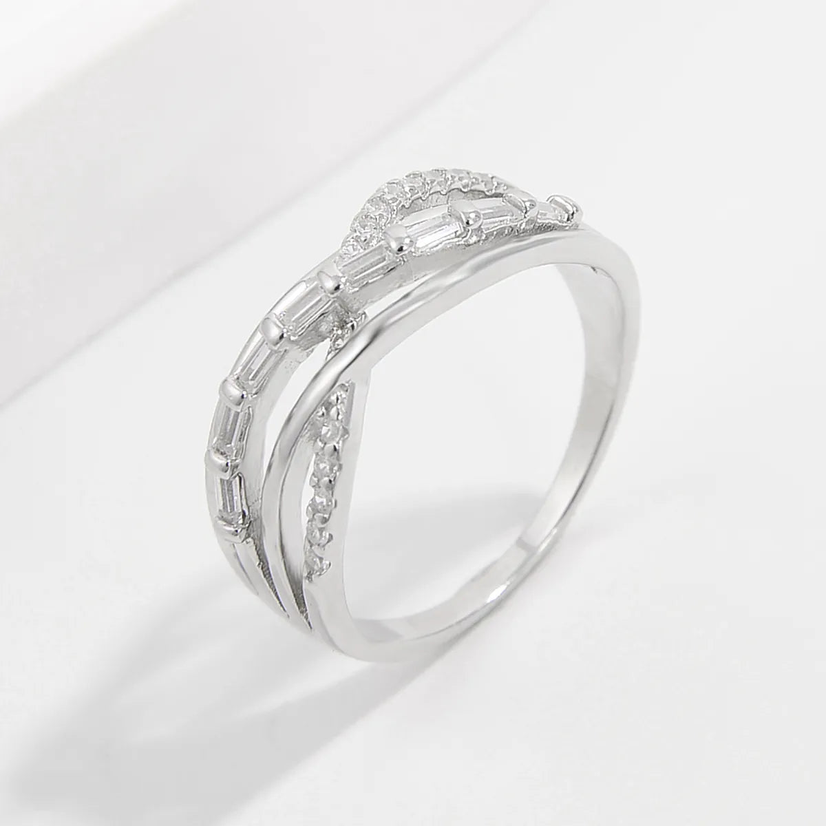 Sterling Silver White Gold Plated Elegant Solid Color Plating Inlay V Shape Infinity Zircon Rings