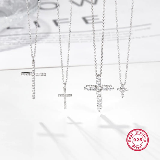 Sterling Silver White Gold Plated Elegant Vintage Style Simple Style Cross Plating Inlay Zircon Pendant Necklace