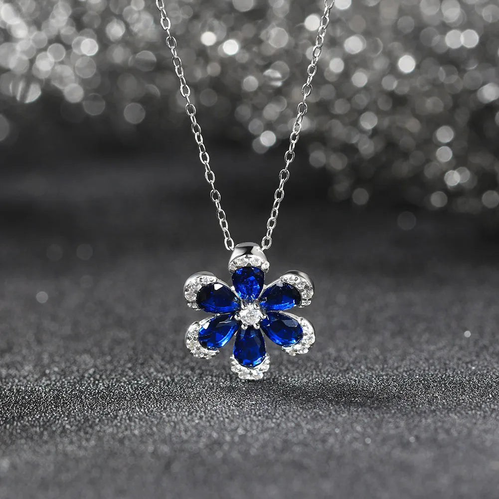 Sterling Silver White Gold Plated Glam Sweet Shiny Flower Handmade Polishing Inlay Zircon Pendant Necklace