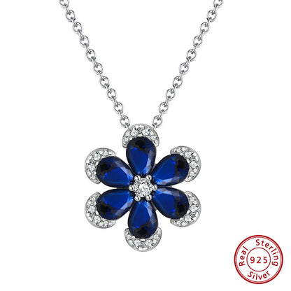 Sterling Silver White Gold Plated Glam Sweet Shiny Flower Handmade Polishing Inlay Zircon Pendant Necklace