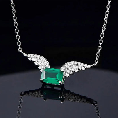 Sterling Silver White Gold Plated Silver Plated Elegant Retro Inlay Wings Lab-Grown Gemstone Zircon Pendant Necklace