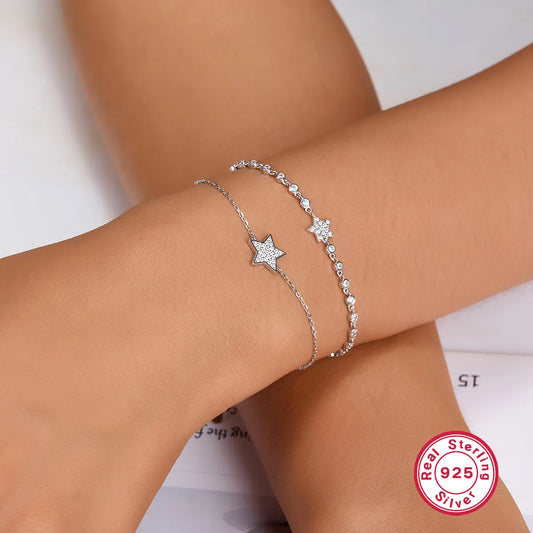 Sterling Silver White Gold Plated Simple Style Pentagram Star Inlay Zircon Bracelets