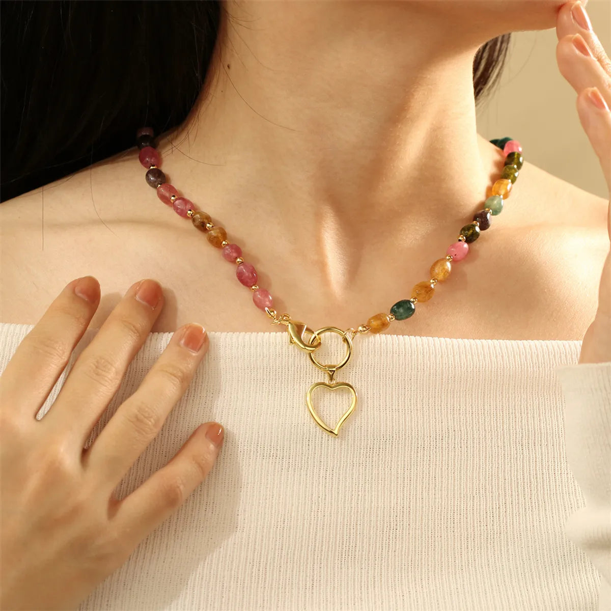 Stone Copper 18K Gold Plated IG Style Vacation Streetwear Heart Shape Beaded Layered Necklaces Necklace