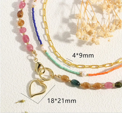 Stone Copper 18K Gold Plated IG Style Vacation Streetwear Heart Shape Beaded Layered Necklaces Necklace