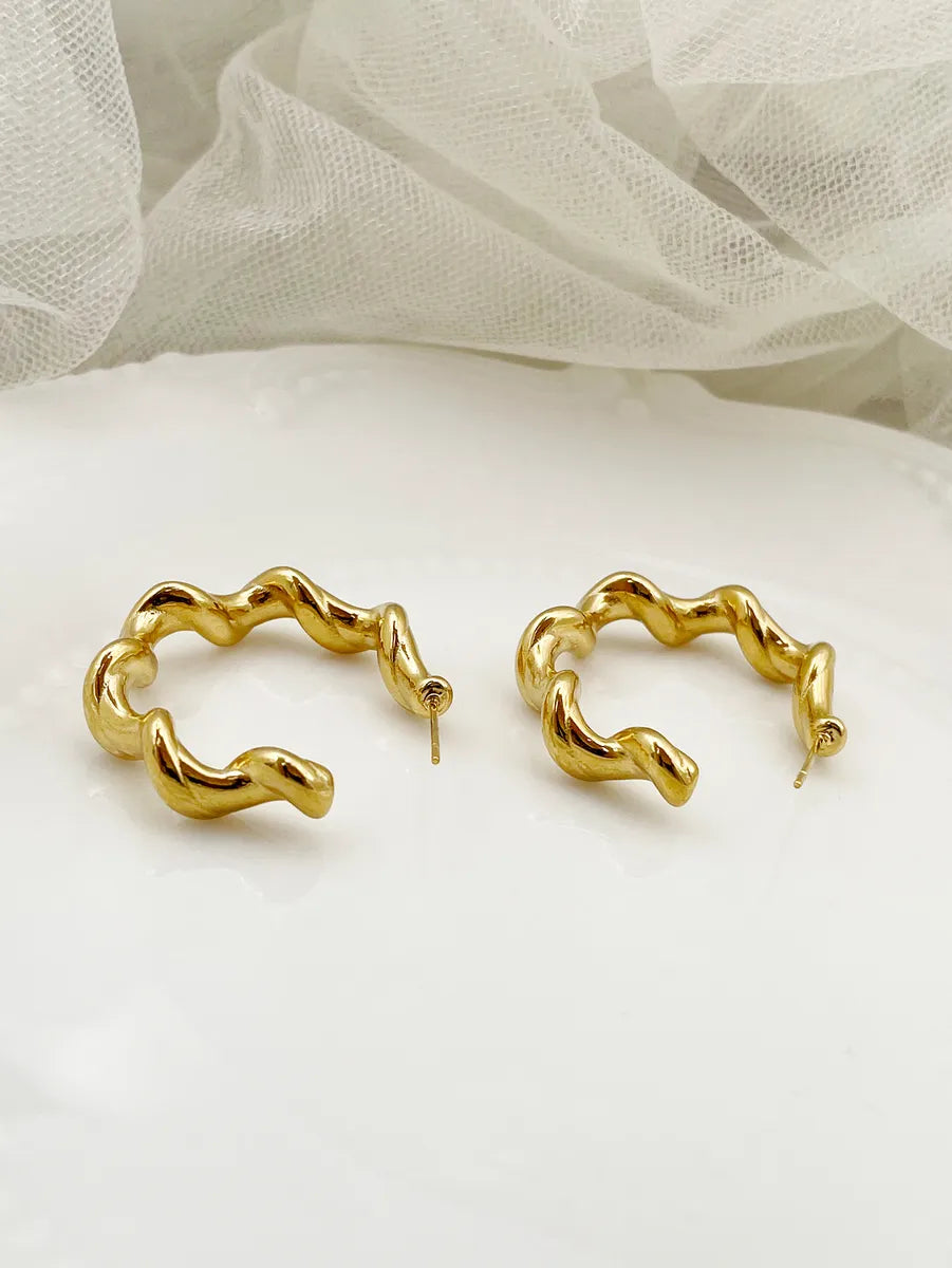 1 Pair Streetwear C Shape Waves Polishing Plating Stainless Steel Metal Gold Plated Ear Studs