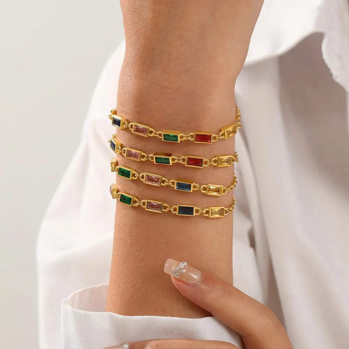 Streetwear Colorful Stainless Steel Plating Inlay Artificial Crystal Bracelets