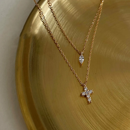 Streetwear Cross Copper Inlay Zircon Double Layer Necklaces