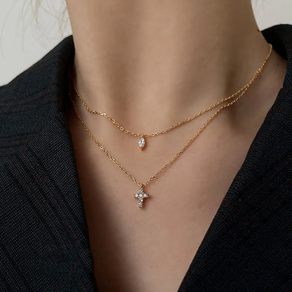 Streetwear Cross Copper Inlay Zircon Double Layer Necklaces