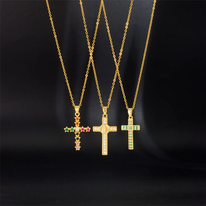 Streetwear Cross Titanium Steel Copper Plating Inlay Zircon Pendant Necklace