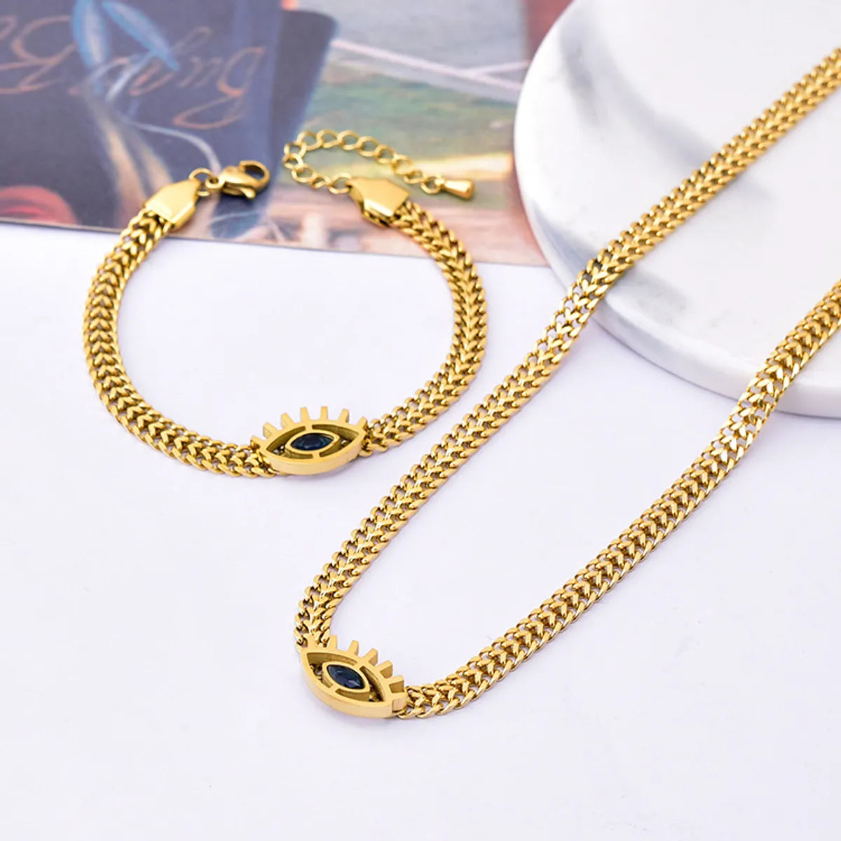 Wholesale Streetwear Eye Titanium Steel Plating Inlay 18k Gold Plated Artificial Gemstones Bracelets Necklace