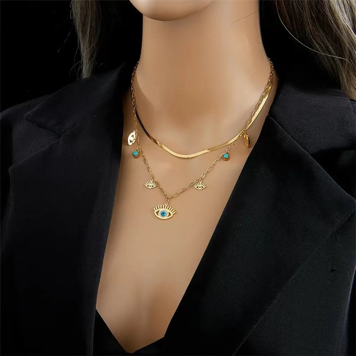 Streetwear Eye Titanium Steel Plating Inlay Turquoise Layered Necklaces