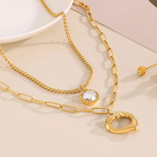 Streetwear Heart Shape Stainless Steel Plating Inlay Glass Gold Plated Layered Necklaces