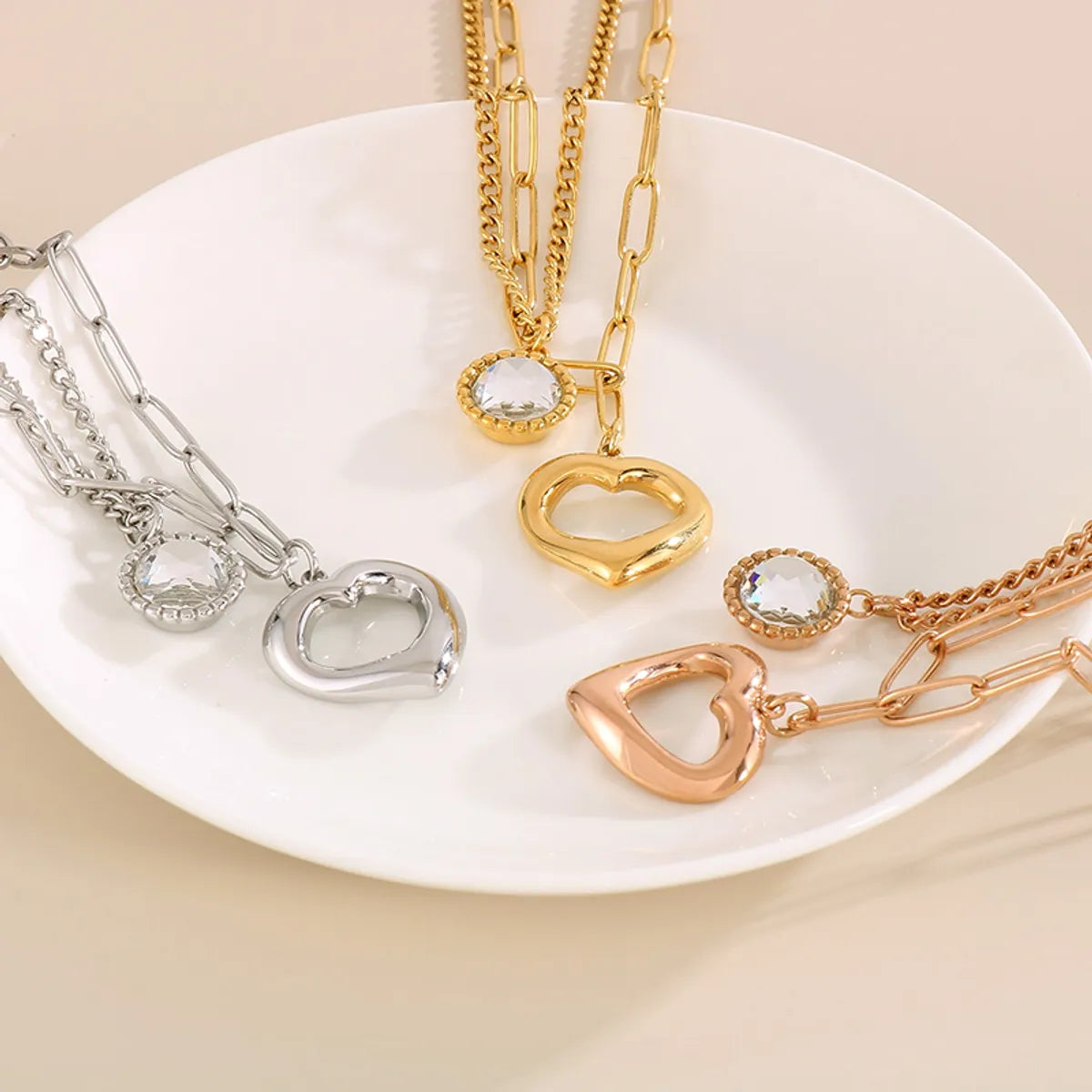 Streetwear Heart Shape Stainless Steel Plating Inlay Glass Gold Plated Layered Necklaces