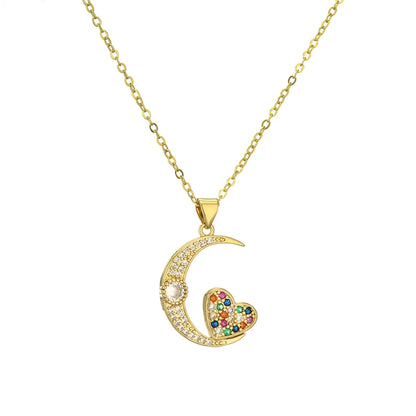 Streetwear Moon Heart Shape Copper Plating Inlay Zircon Gold Plated Pendant Necklace