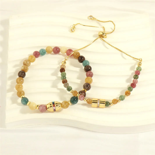 Streetwear Oval Artificial Gemstones Copper Beaded Zircon 18k Gold Plated Women's Bracelets