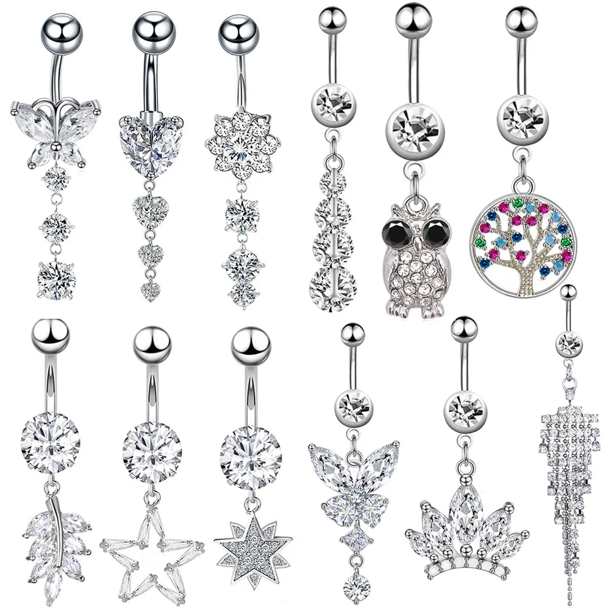 Streetwear Owl Crown Butterfly Stainless Steel Plating Inlay Zircon Belly Ring