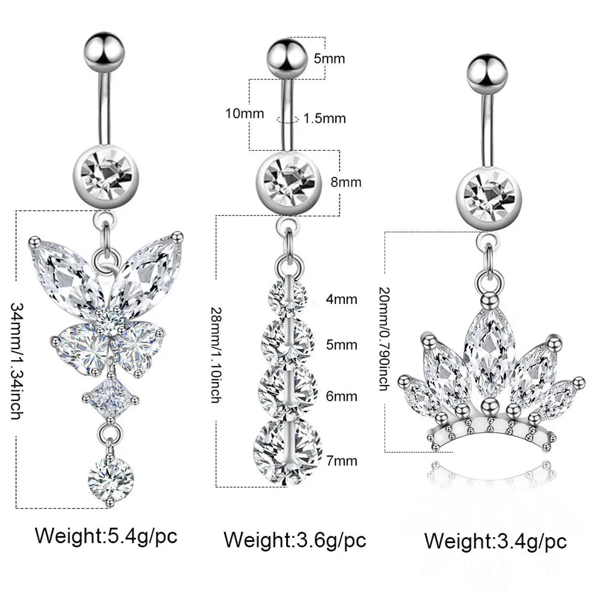 Streetwear Owl Crown Butterfly Stainless Steel Plating Inlay Zircon Belly Ring