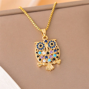 Streetwear Owl Stainless Steel Titanium Steel Plating Inlay Zircon 18k Gold Plated Necklace