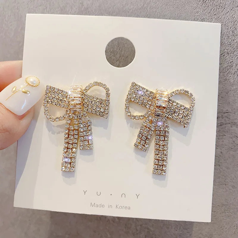 Streetwear Shiny Bow Knot Alloy Plating Inlay Rhinestones Women'S Drop Earrings