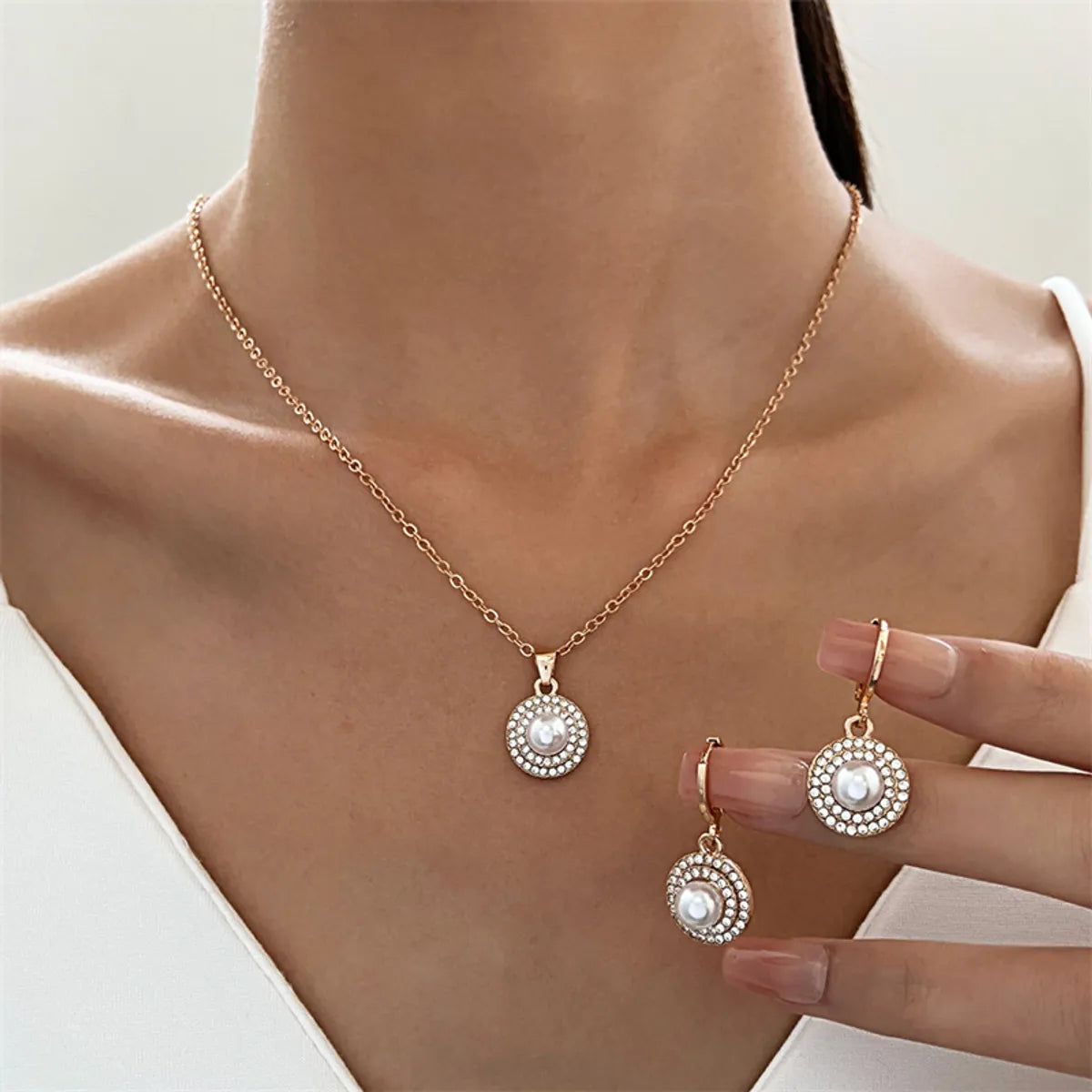 Streetwear Shiny Water Droplets Heart Shape Snowflake 18k Gold Plated Gold Plated Silver Plated Rhinestones Pearl Zircon Metal Copper Wholesale Jewelry Set