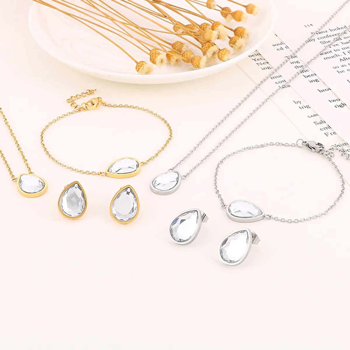 Streetwear Shiny Water Droplets Titanium Steel Plating Inlay Glass 18k Gold Plated Jewelry Set