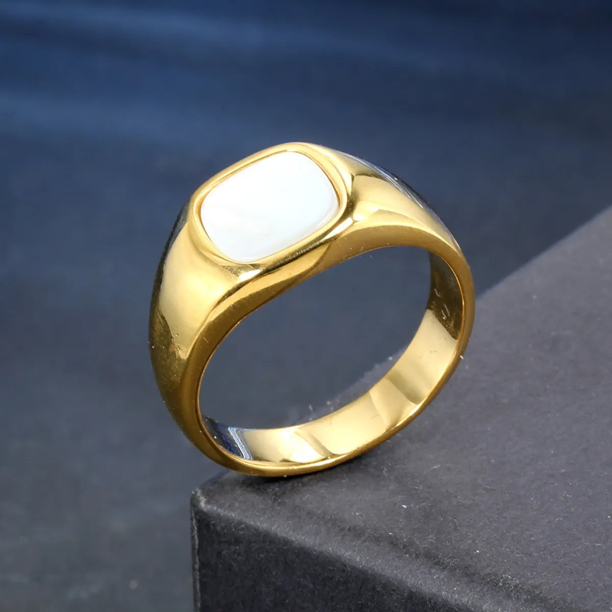 Streetwear Square Stainless Steel Inlay Artificial Gemstones 18K Gold Plated Unisex Rings