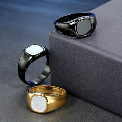 Streetwear Square Stainless Steel Inlay Artificial Gemstones 18K Gold Plated Unisex Rings