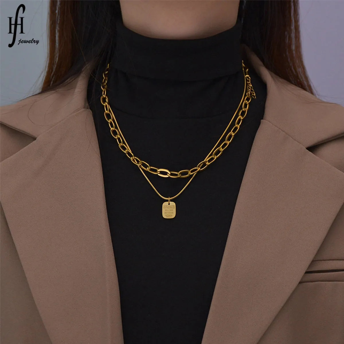 Streetwear Square Titanium Steel Plating Layered Necklaces