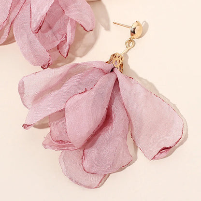 Summer New Fabric Hand-woven Flower Earrings Polyester Mesh Petal Earrings Wholesale Gooddiy