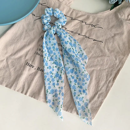 Summer New Small Floral Long Streamer Fabric Blue Hair Accessories