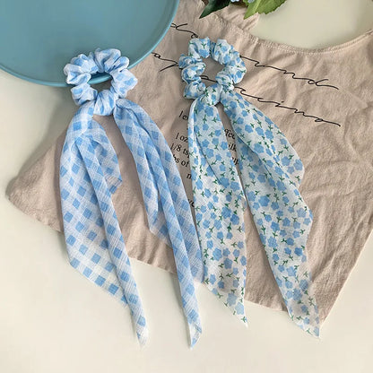 Summer New Small Floral Long Streamer Fabric Blue Hair Accessories