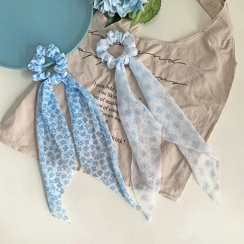 Summer New Small Floral Long Streamer Fabric Blue Hair Accessories