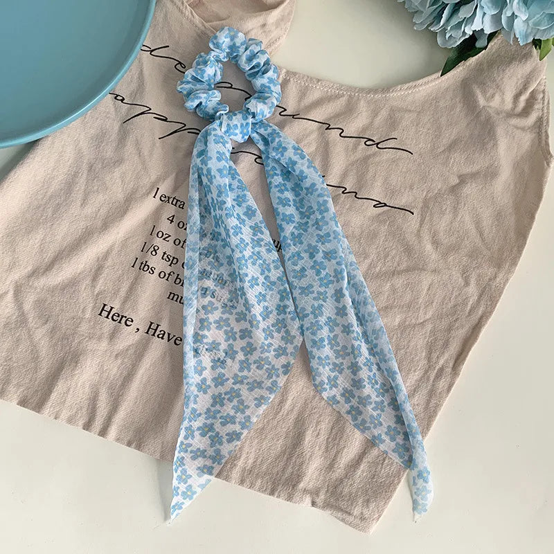 Summer New Small Floral Long Streamer Fabric Blue Hair Accessories