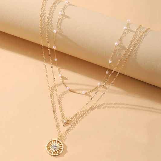 Sun Pendant Simple Retro Artificial Pearl Multilayer Necklace