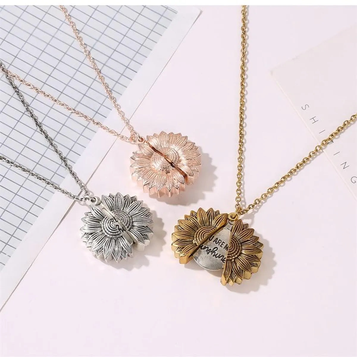 Sunflower Necklace Vintage Open Double Lettering Pendant Double-sided Flower Letter Clavicle Chain