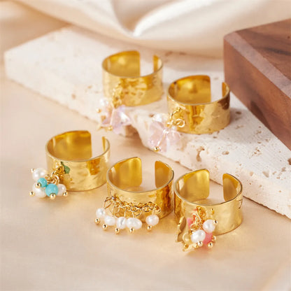 Sweet Artistic Round Stainless Steel Plating Inlay Freshwater Pearl 18k Gold Plated Open Rings