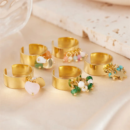 Sweet Artistic Round Stainless Steel Plating Inlay Freshwater Pearl 18k Gold Plated Open Rings