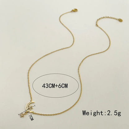 Sweet Artistic Star Moon Stainless Steel Polishing Plating Inlay Rhinestones Gold Plated Pendant Necklace