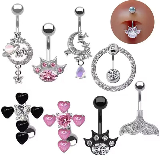 Sweet Artistic Streetwear Heart Shape Stainless Steel Arylic Copper White Gold Plated Resin Rhinestones Zircon Belly Ring In Bulk