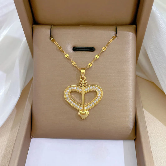 Sweet Bow And Arrow Heart Shape Titanium Steel Copper Plating Inlay Zircon Pendant Necklace