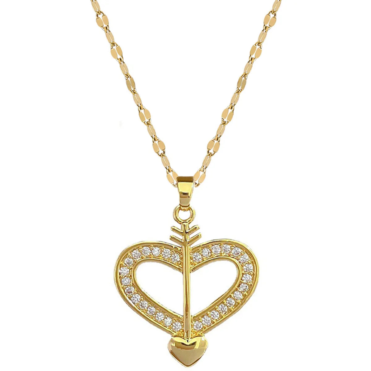 Sweet Bow And Arrow Heart Shape Titanium Steel Copper Plating Inlay Zircon Pendant Necklace