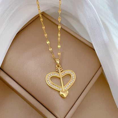 Sweet Bow And Arrow Heart Shape Titanium Steel Copper Plating Inlay Zircon Pendant Necklace