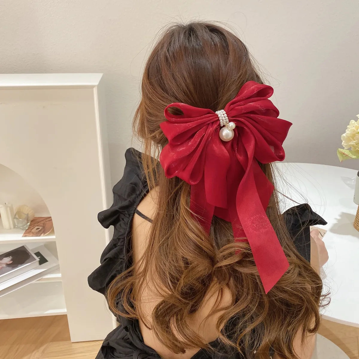 Sweet Bow Knot Cloth Organza Inlay Artificial Pearls Hair Clip 1 Piece