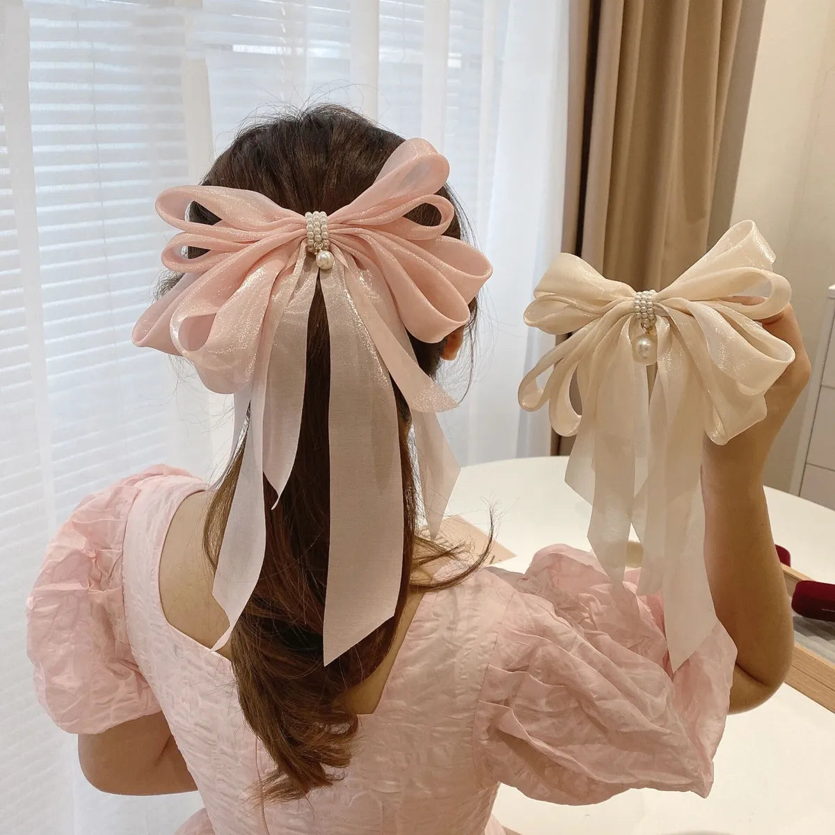 Sweet Bow Knot Cloth Organza Inlay Artificial Pearls Hair Clip 1 Piece