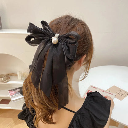 Sweet Bow Knot Cloth Organza Inlay Artificial Pearls Hair Clip 1 Piece