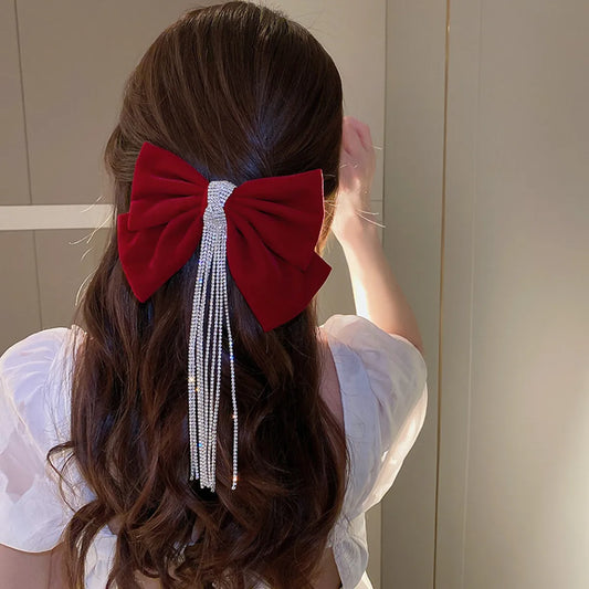 Women'S Sweet Bow Knot Cloth Tassel Rhinestones Hair Clip