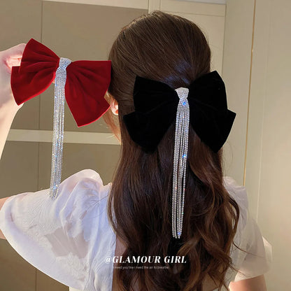 Women'S Sweet Bow Knot Cloth Tassel Rhinestones Hair Clip